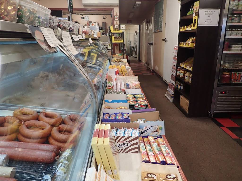 Smoked sausages and European groceries inside Bogdala's